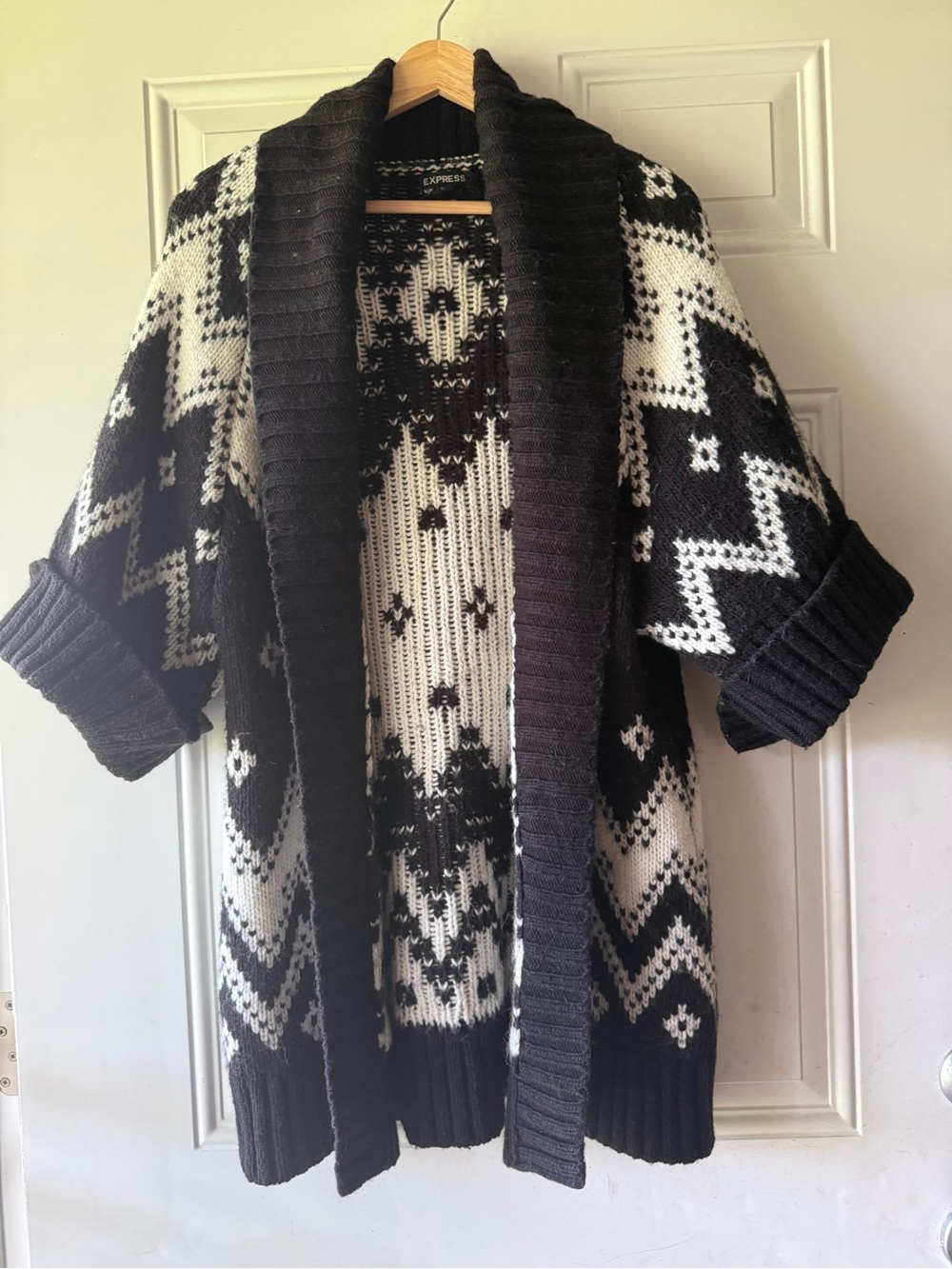 Express Black and White Geometric Shawl Collar Cardigan Wool Alpaca Blend